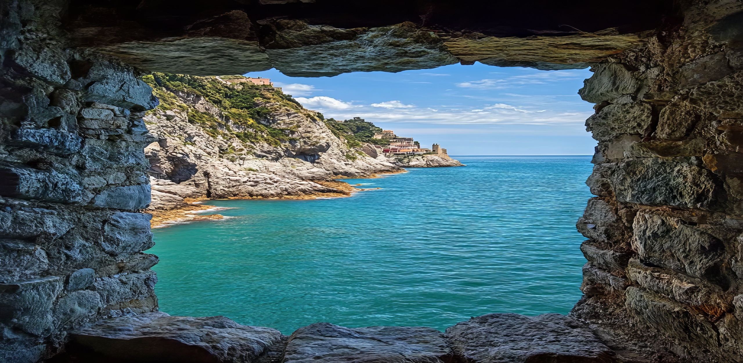 Scenic Coastal View of Lord Byron's Grotto Through a Stone Wall Window.Nature’s Frame: Scenic View of the Grotta di Lord Byron Through a Stone Window